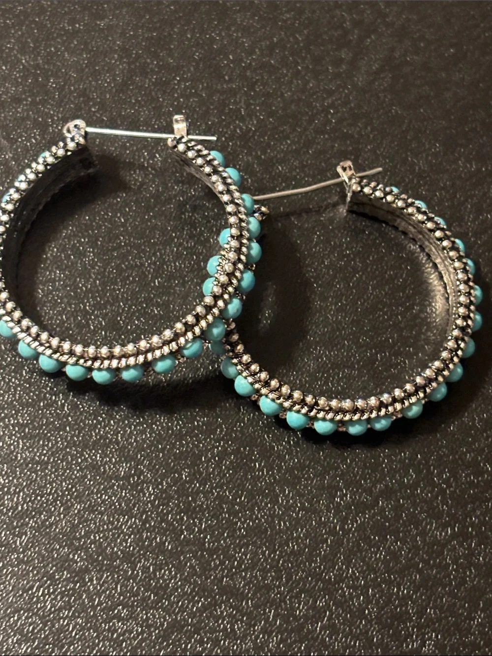Southwestern Blue Turquoise  Color Accented Silver Hoop & Dangle Earring